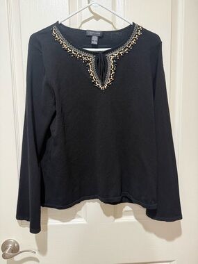 Pointelle Black Long-Sleeve Top with Beaded Neckline